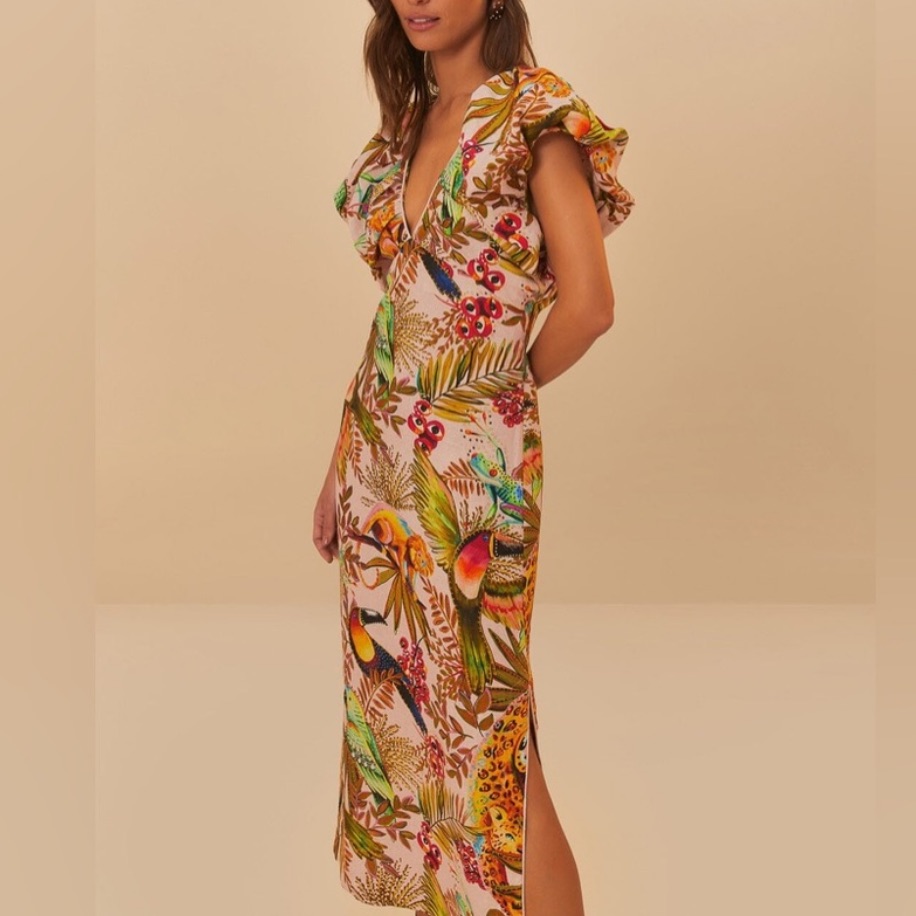 Nwt Farm Rio Pink ‘Into The Jungle’ Euroflax Premium Linen Midi Dress